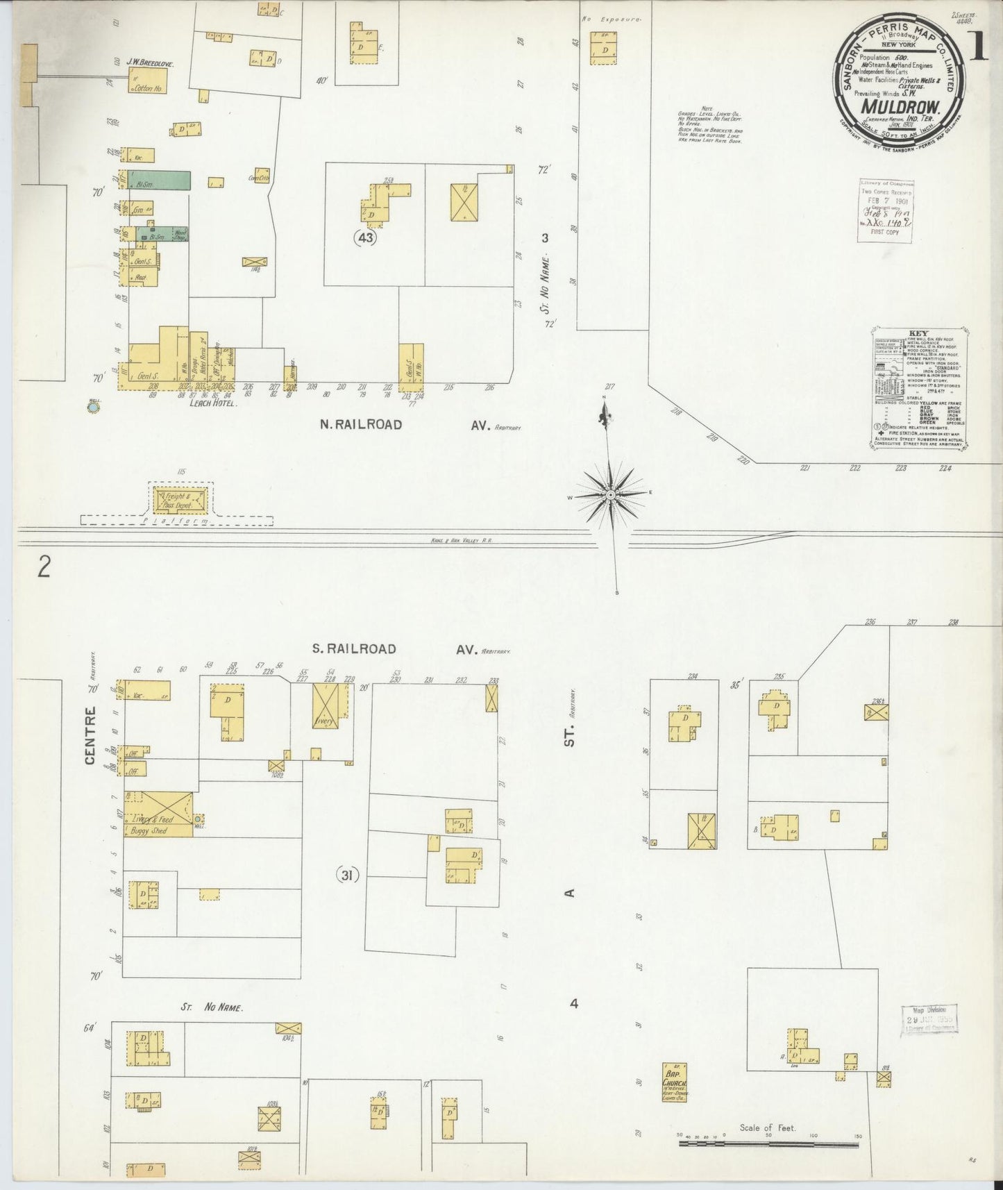 Sanborn Fire Insurance Map from Muldrow, Sequoyah County, Oklahoma (1901), Sheet #0001 - Historic Sanborn Fire Insurance Map Print, vintage old map wall art, antique decor, genealogy gift, Oklahoma Oklahoma map