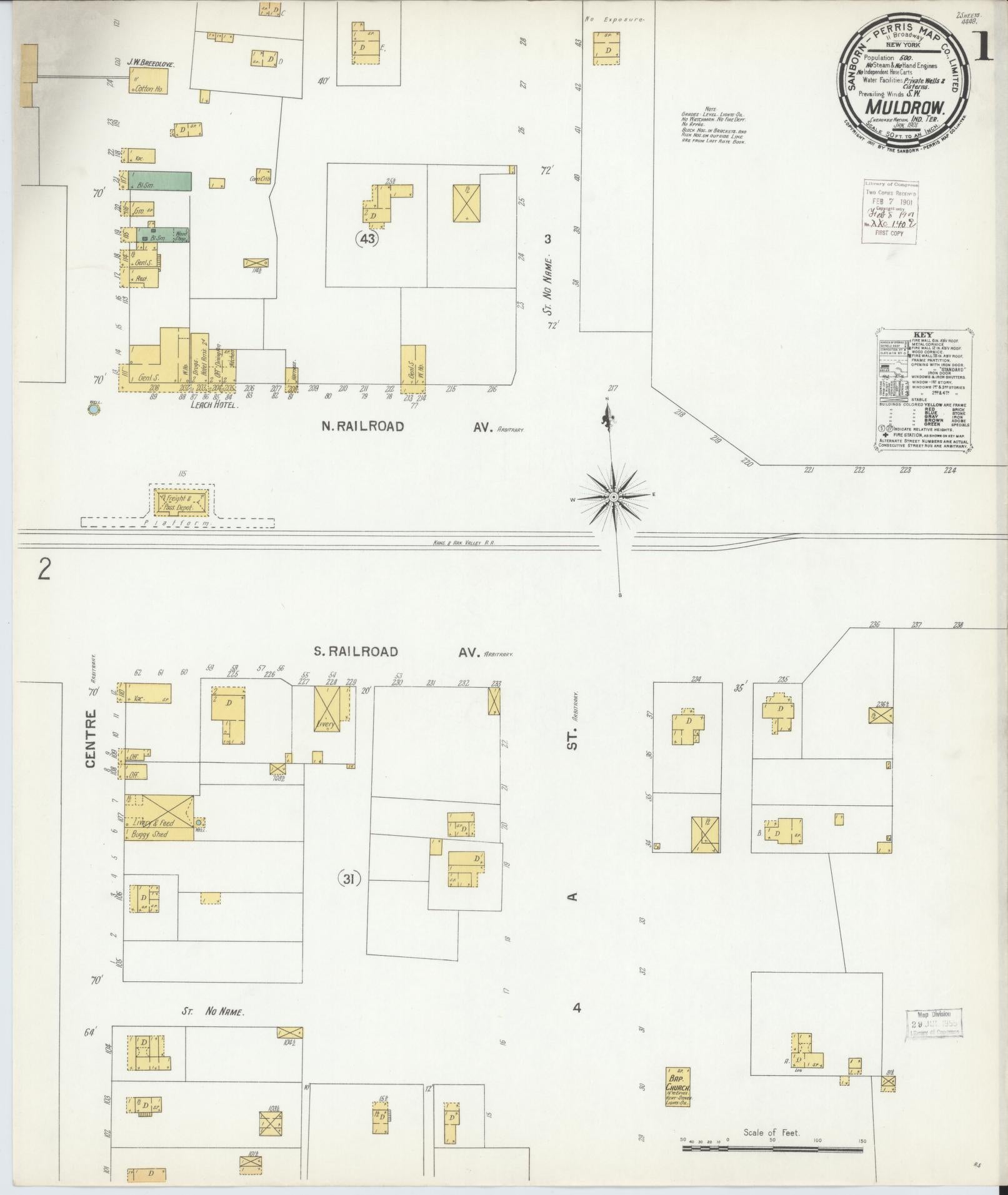 Sanborn Fire Insurance Map from Muldrow, Sequoyah County, Oklahoma (1901), Sheet #0001 - Historic Sanborn Fire Insurance Map Print, vintage old map wall art, antique decor, genealogy gift, Oklahoma Oklahoma map