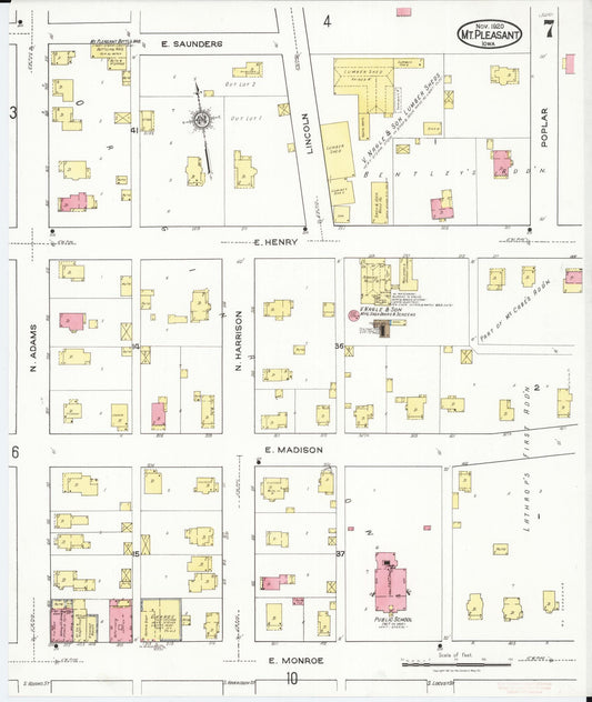 Sanborn Fire Insurance Map from Mount Pleasant, Henry County, Iowa (1920), Sheet #0007 - Historic Sanborn Fire Insurance Map Print, vintage old map wall art