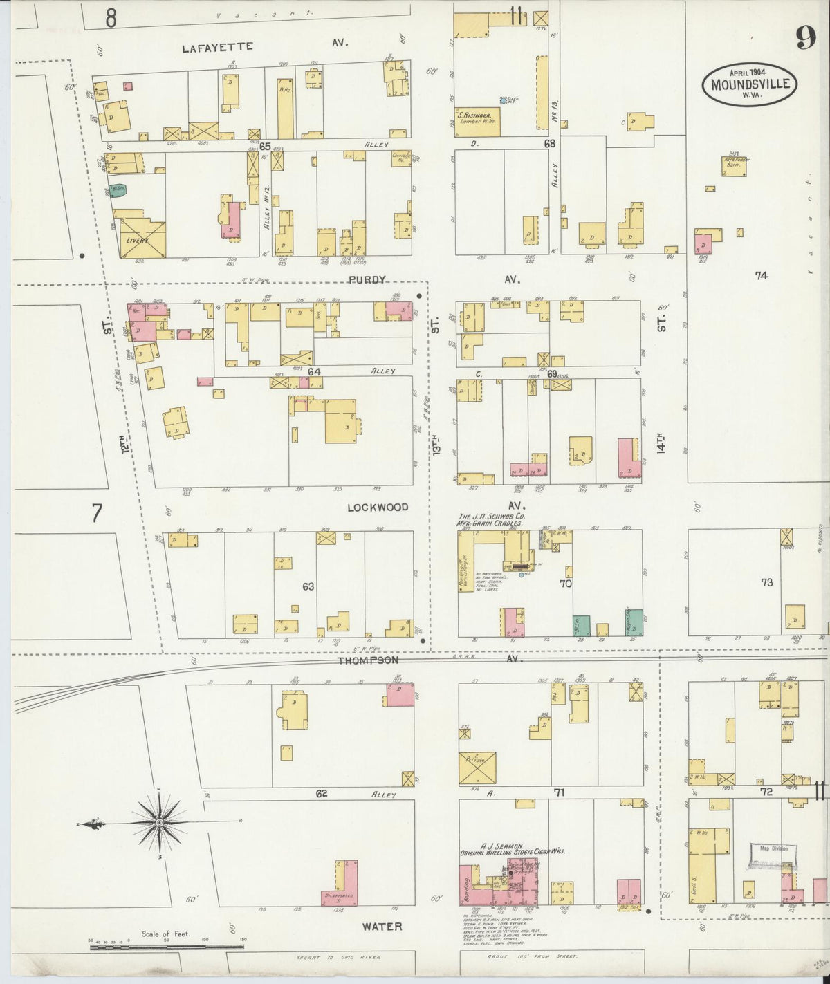 Sanborn Fire Insurance Map from Moundsville, Marshall County, West Virginia (1904), Sheet #0009 - Historic Sanborn Fire Insurance Map Print, vintage old map wall art, antique decor, genealogy gift, West Virginia West Virginia map