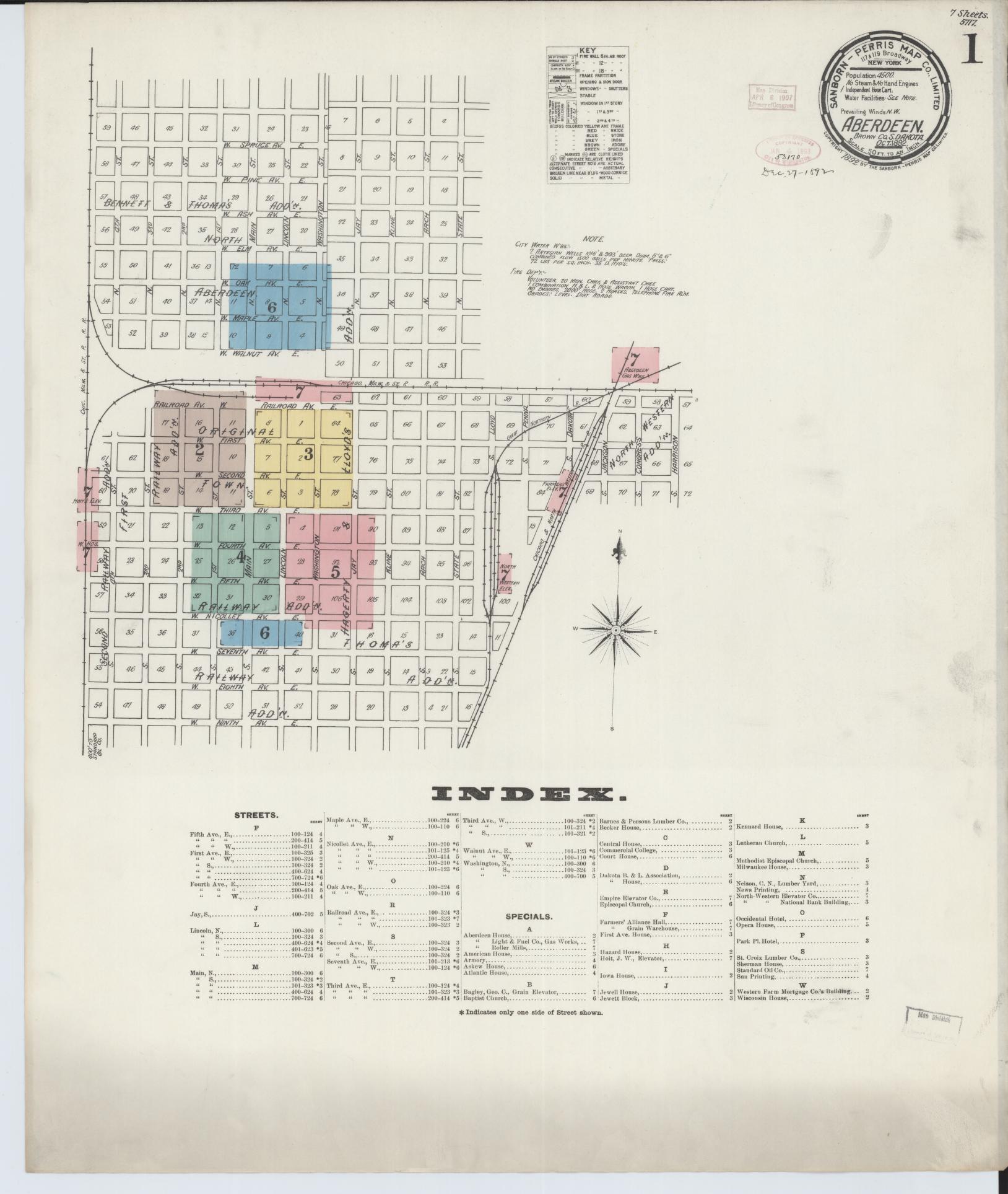Sanborn Fire Insurance Map from Aberdeen, Brown County, South Dakota (1892), Sheet #0001 - Complete Map Set gallery image, historic Sanborn map, vintage wall art, South Dakota South Dakota