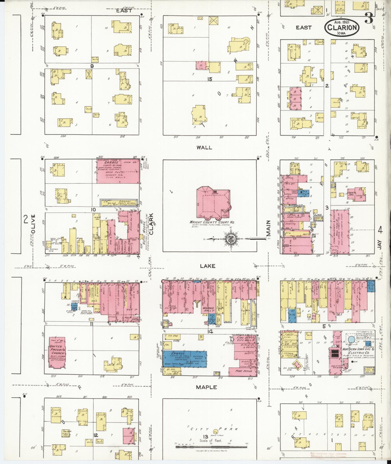 Sanborn Fire Insurance Map from Clarion, Wright County, Iowa (1921), Sheet #0003 - Historic Sanborn Fire Insurance Map Print, vintage old map wall art