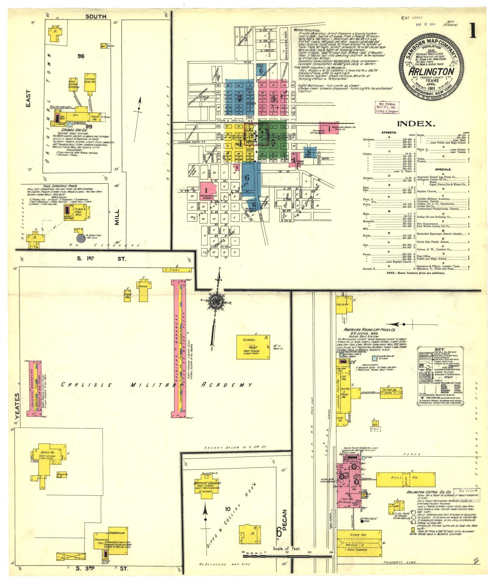 Sanborn Fire Insurance Map from Arlington, Tarrant County, Texas (1911), Sheet #0001 - Historic Sanborn Fire Insurance Map Print, vintage old map wall art, antique decor, genealogy gift, Texas Texas map