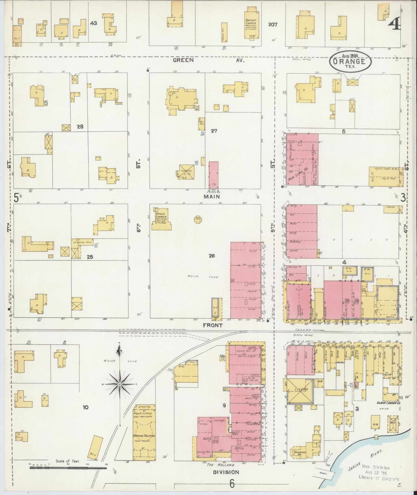 Sanborn Fire Insurance Map from Orange, Orange County, Texas (1904), Sheet #0004 - Historic Sanborn Fire Insurance Map Print, vintage old map wall art, antique decor, genealogy gift, Texas Texas map