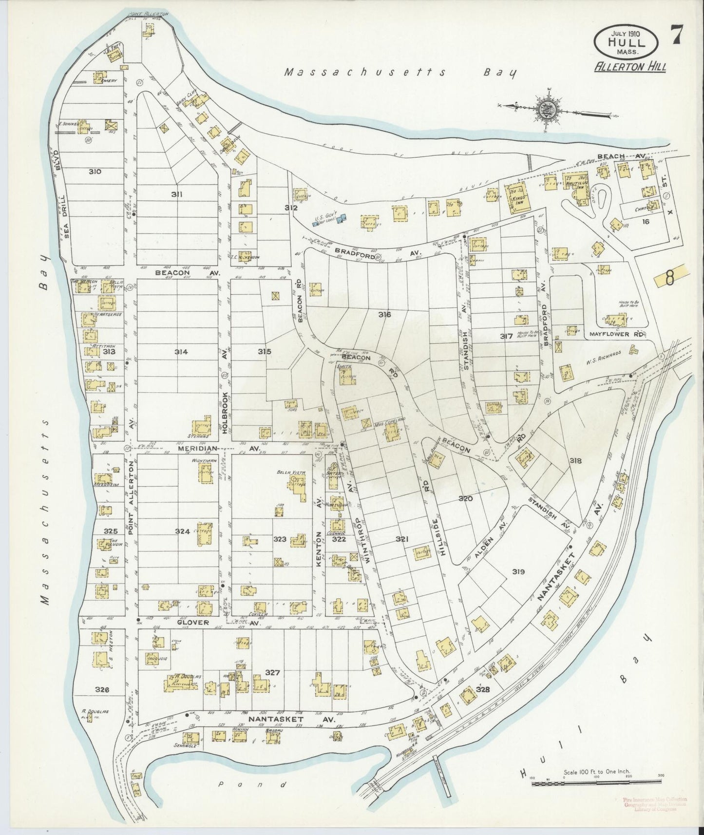 Sanborn Fire Insurance Map from Hull, Plymouth County, Massachusetts (1910), Sheet #0007 - Historic Sanborn Fire Insurance Map Print, vintage old map wall art, antique decor, genealogy gift, Massachusetts Massachusetts map