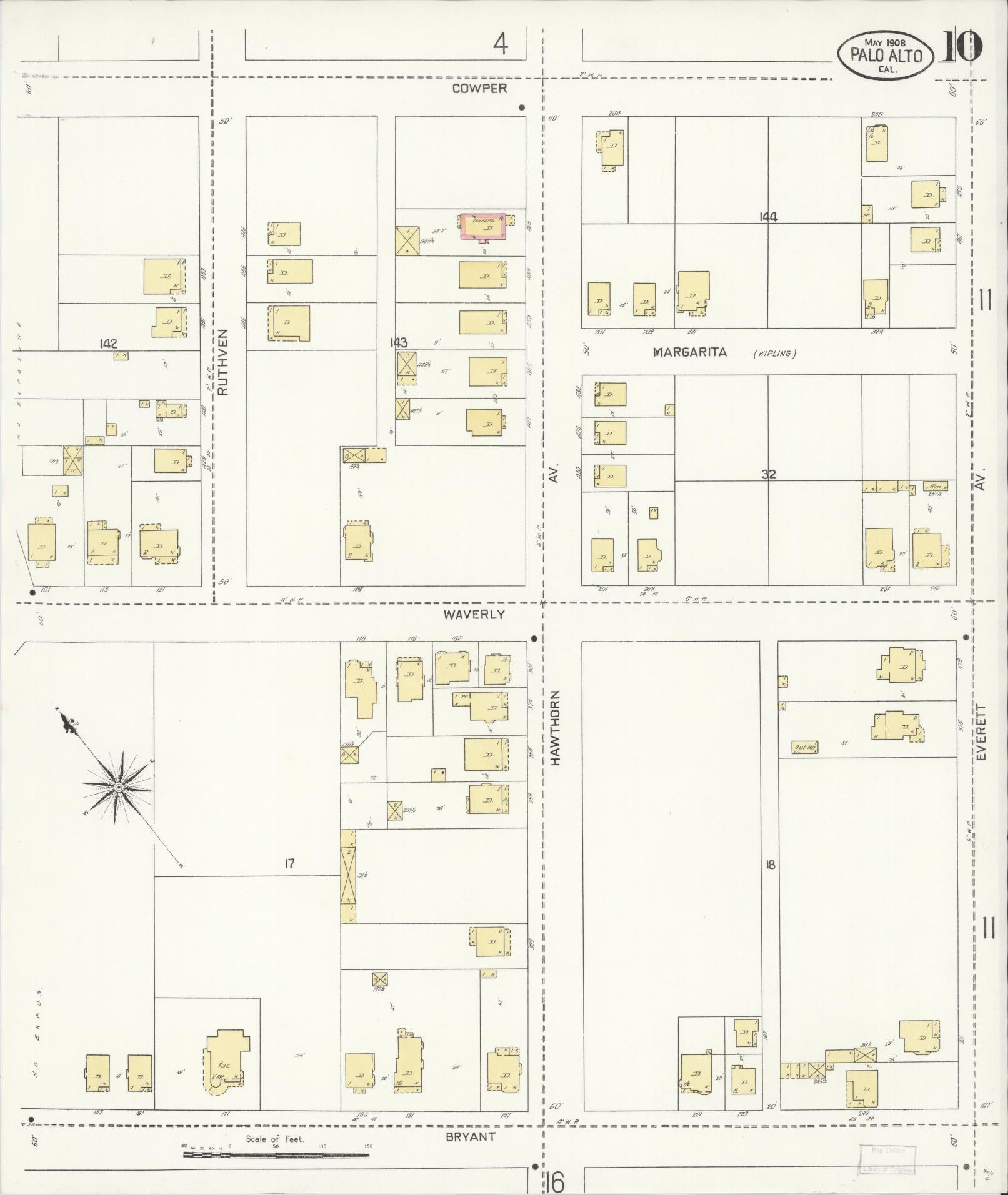Sanborn Fire Insurance Map from Palo Alto, Santa Clara County, California (1908), Sheet #0010 - Complete Map Set gallery image, historic Sanborn map, vintage wall art, California California