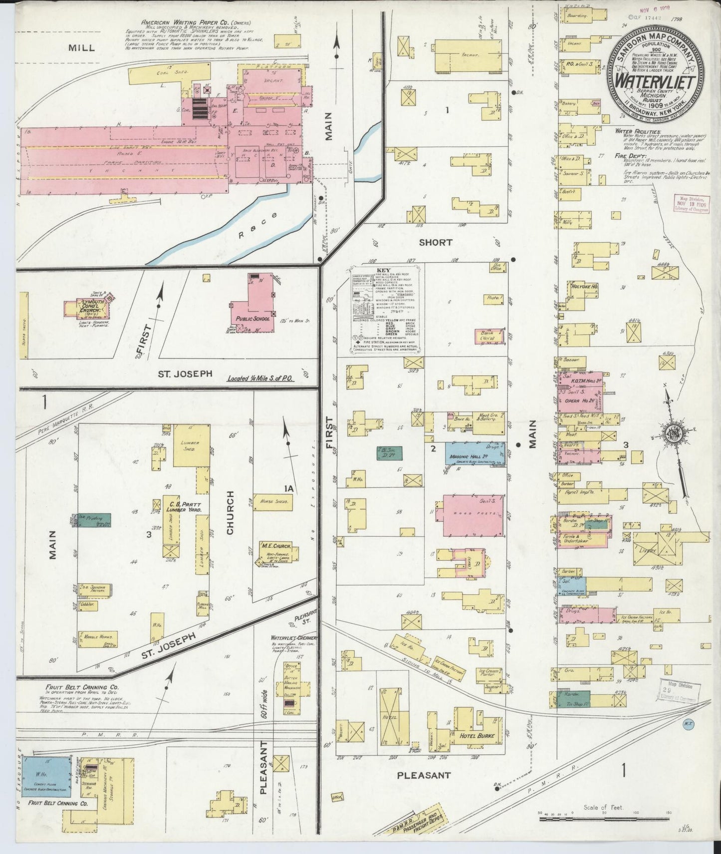 Sanborn Fire Insurance Map from Watervliet, Berrien County, Michigan (1909), Sheet #0001 - Historic Sanborn Fire Insurance Map Print, vintage old map wall art, antique decor, genealogy gift, Michigan Michigan map