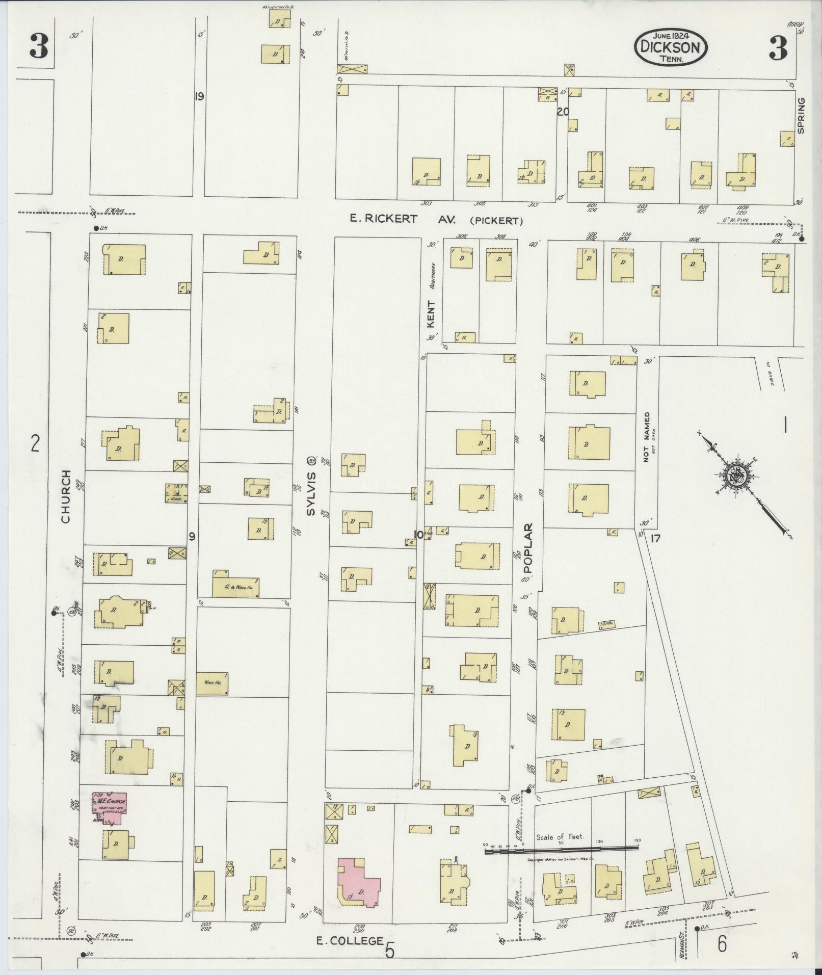 Sanborn Fire Insurance Map from Dickson, Dickson County, Tennessee (1924), Sheet #0003 - Complete Map Set gallery image, historic Sanborn map, vintage wall art, Tennessee Tennessee