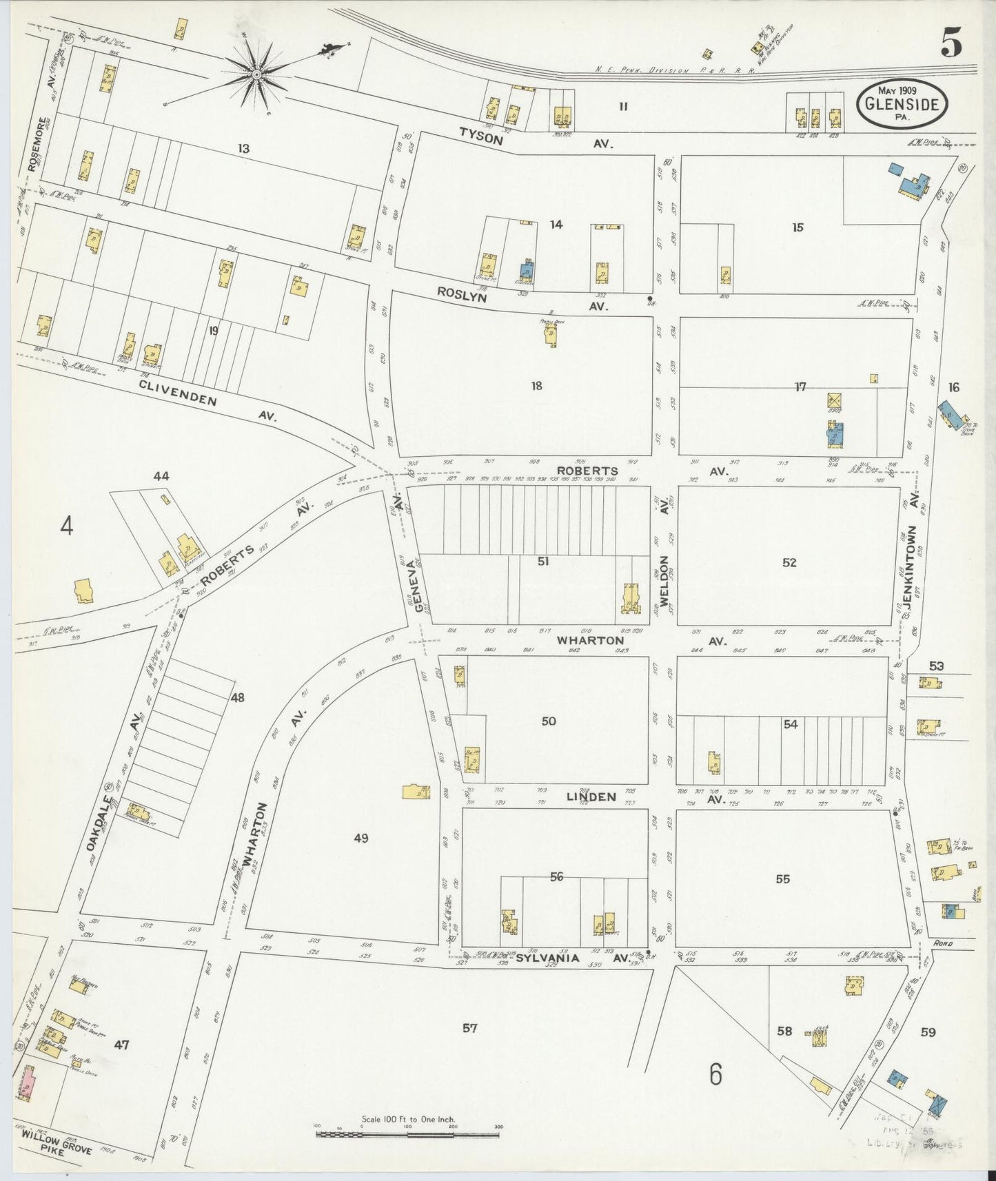 Sanborn Fire Insurance Map from Glenside, Montgomery County, Pennsylvania (1909), Sheet #0005 - Historic Sanborn Fire Insurance Map Print, vintage old map wall art, antique decor, genealogy gift, Pennsylvania Pennsylvania map