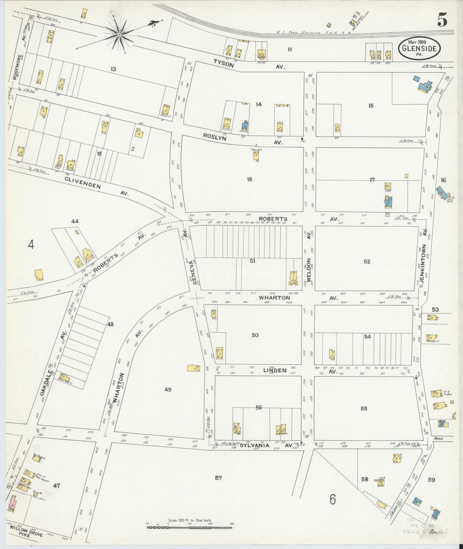 Sanborn Fire Insurance Map from Glenside, Montgomery County, Pennsylvania (1909), Sheet #0005 - Historic Sanborn Fire Insurance Map Print, vintage old map wall art, antique decor, genealogy gift, Pennsylvania Pennsylvania map