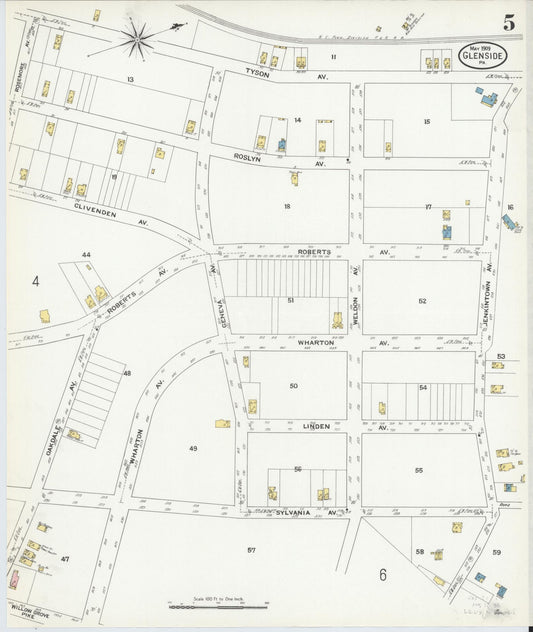 Sanborn Fire Insurance Map from Glenside, Montgomery County, Pennsylvania (1909), Sheet #0005 - Historic Sanborn Fire Insurance Map Print, vintage old map wall art, antique decor, genealogy gift, Pennsylvania Pennsylvania map