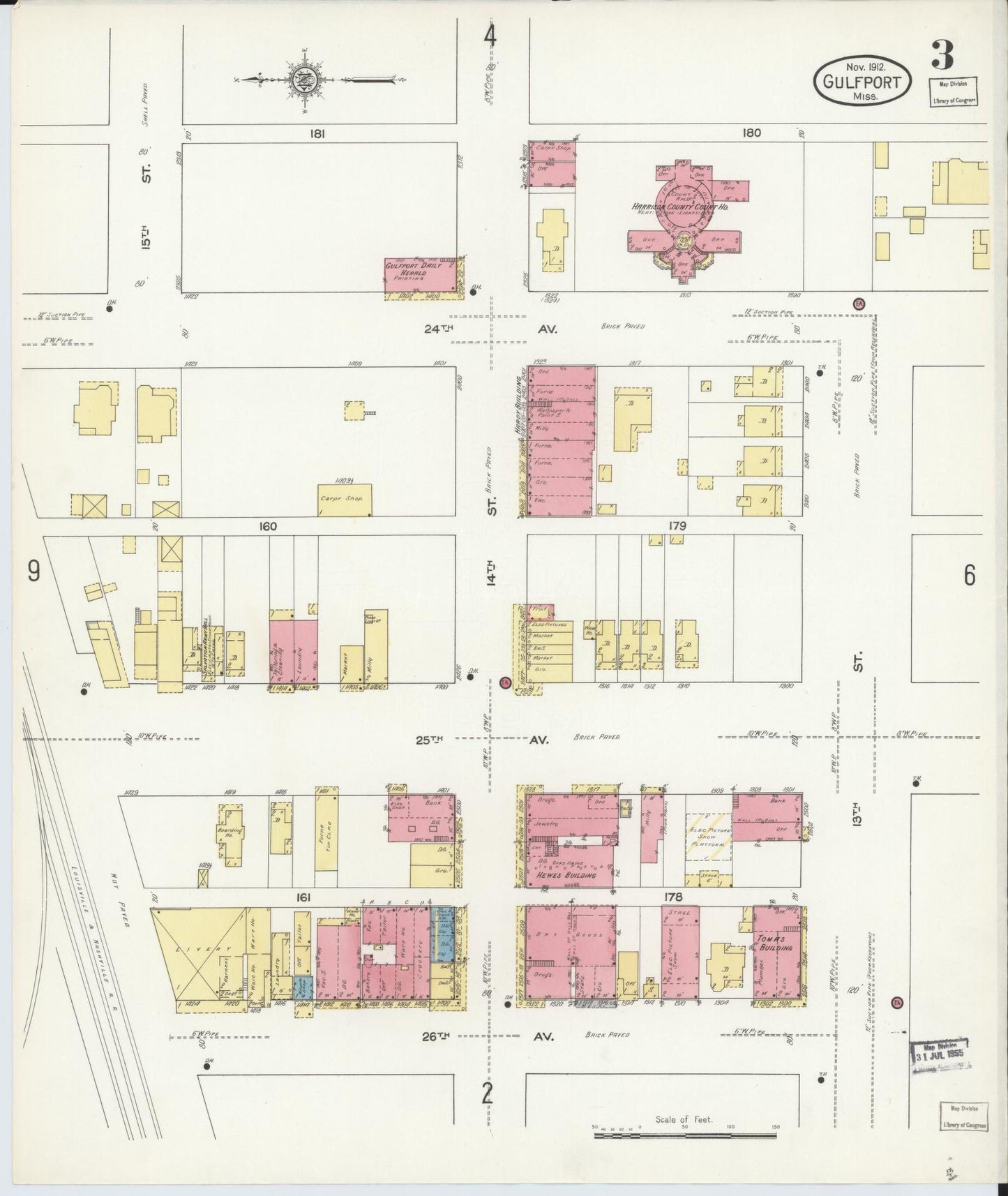 Sanborn Fire Insurance Map from Gulfport, Harrison County, Mississippi (1912), Sheet #0003 - Complete Map Set gallery image, historic Sanborn map, vintage wall art, Mississippi Mississippi