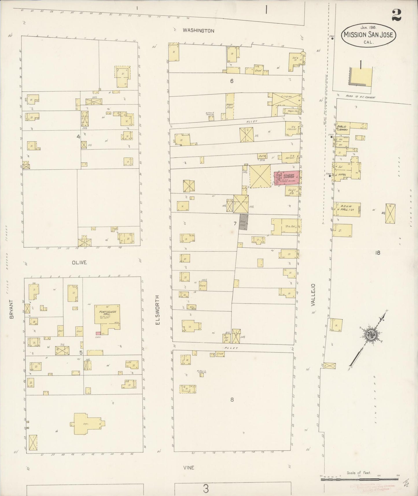Sanborn Fire Insurance Map from Mission San Jose, Alameda County, California (1916), Sheet #0002 - Historic Sanborn Fire Insurance Map Print, vintage old map wall art, antique decor, genealogy gift, California California map