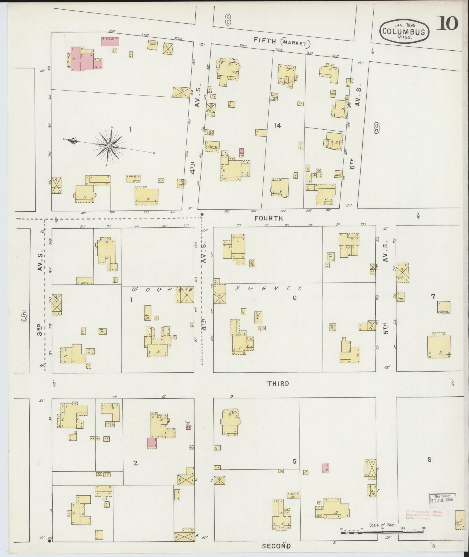 Sanborn Fire Insurance Map from Columbus, Lowndes County, Mississippi (1895), Sheet #0010 - Historic Sanborn Fire Insurance Map Print, vintage old map wall art, antique decor, genealogy gift, Mississippi Mississippi map