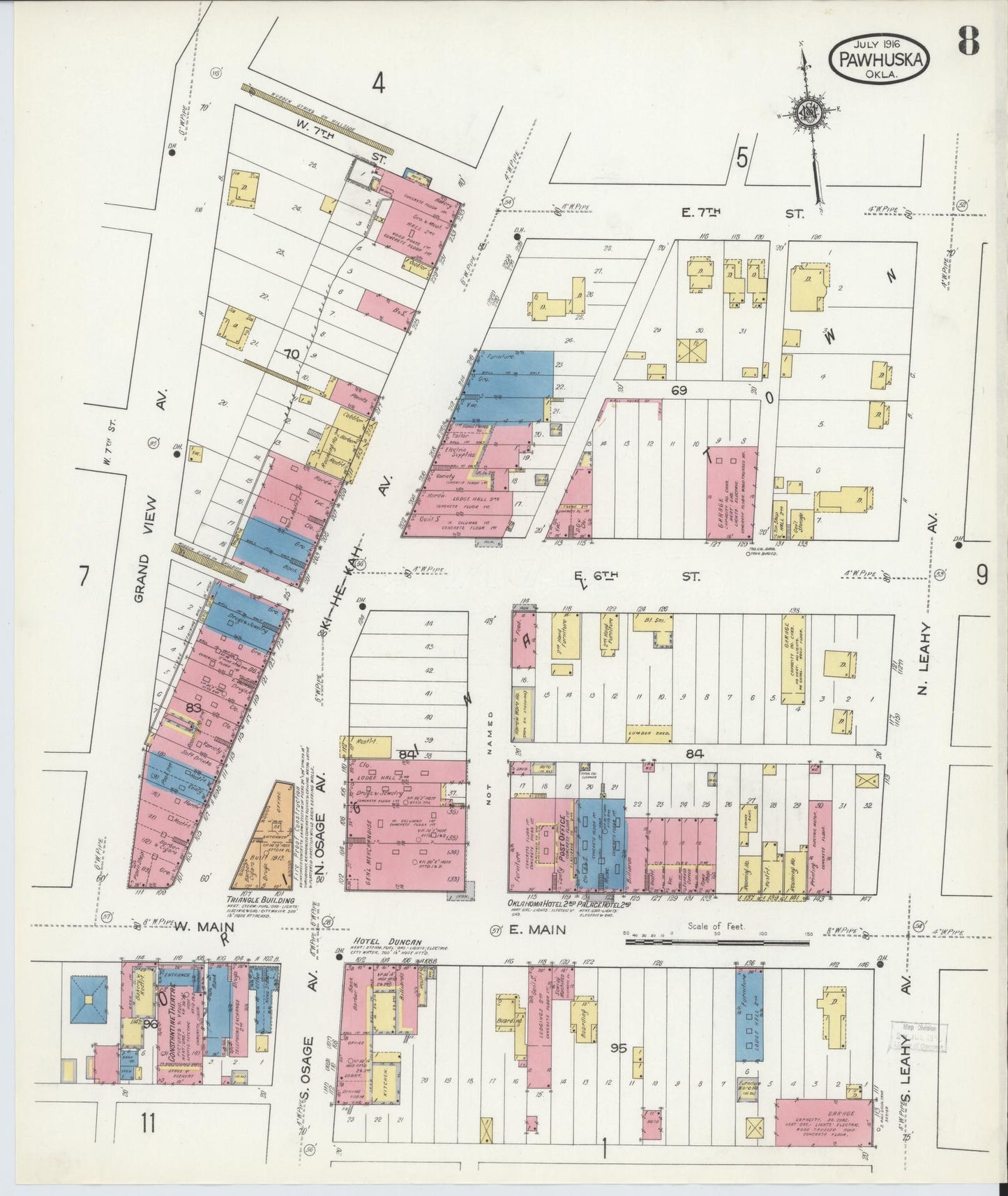Sanborn Fire Insurance Map from Pawhuska, Osage County, Oklahoma (1916), Sheet #0008 - Complete Map Set gallery image, historic Sanborn map, vintage wall art, Oklahoma Oklahoma