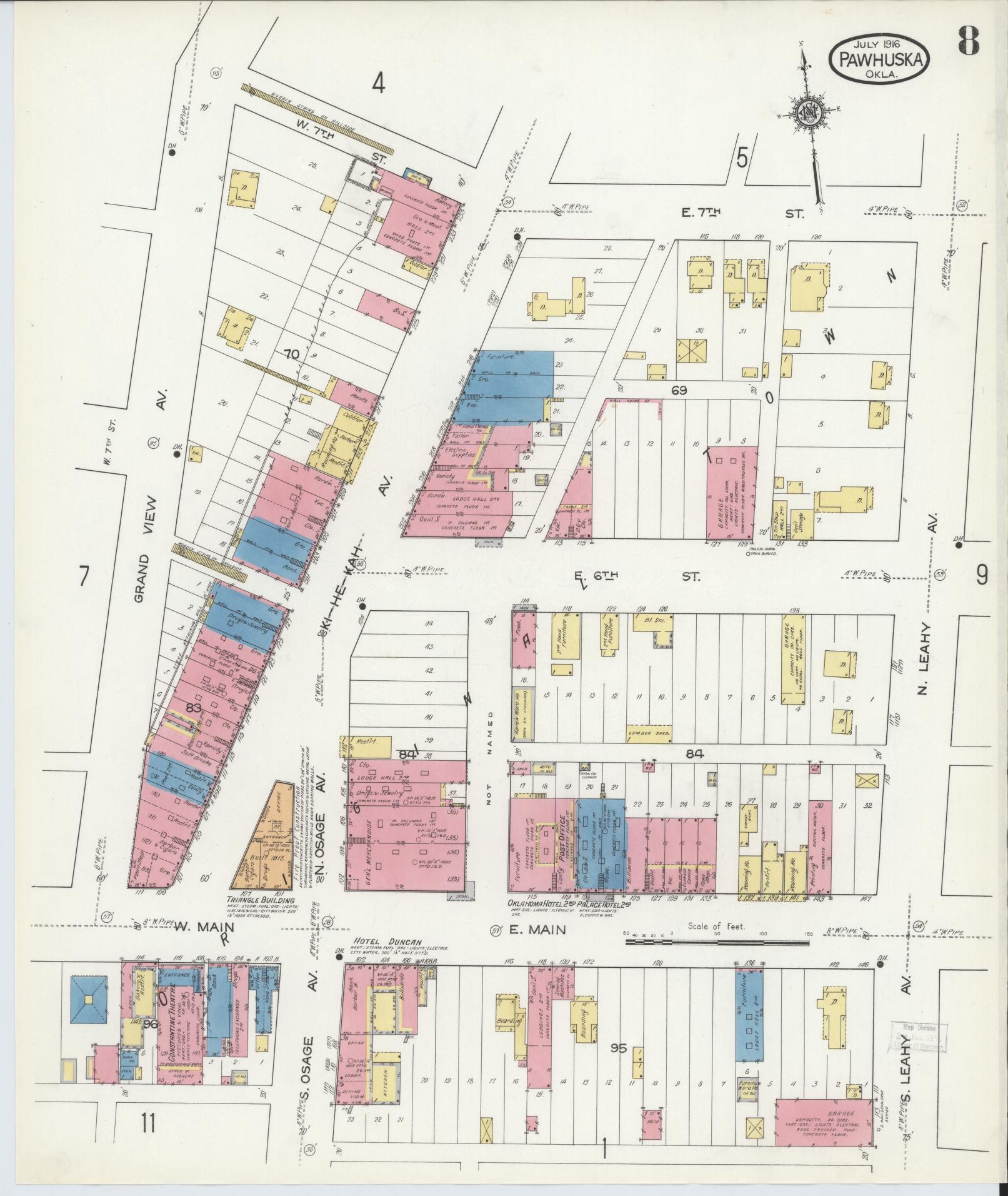 Sanborn Fire Insurance Map from Pawhuska, Osage County, Oklahoma (1916), Sheet #0008 - Complete Map Set gallery image, historic Sanborn map, vintage wall art, Oklahoma Oklahoma