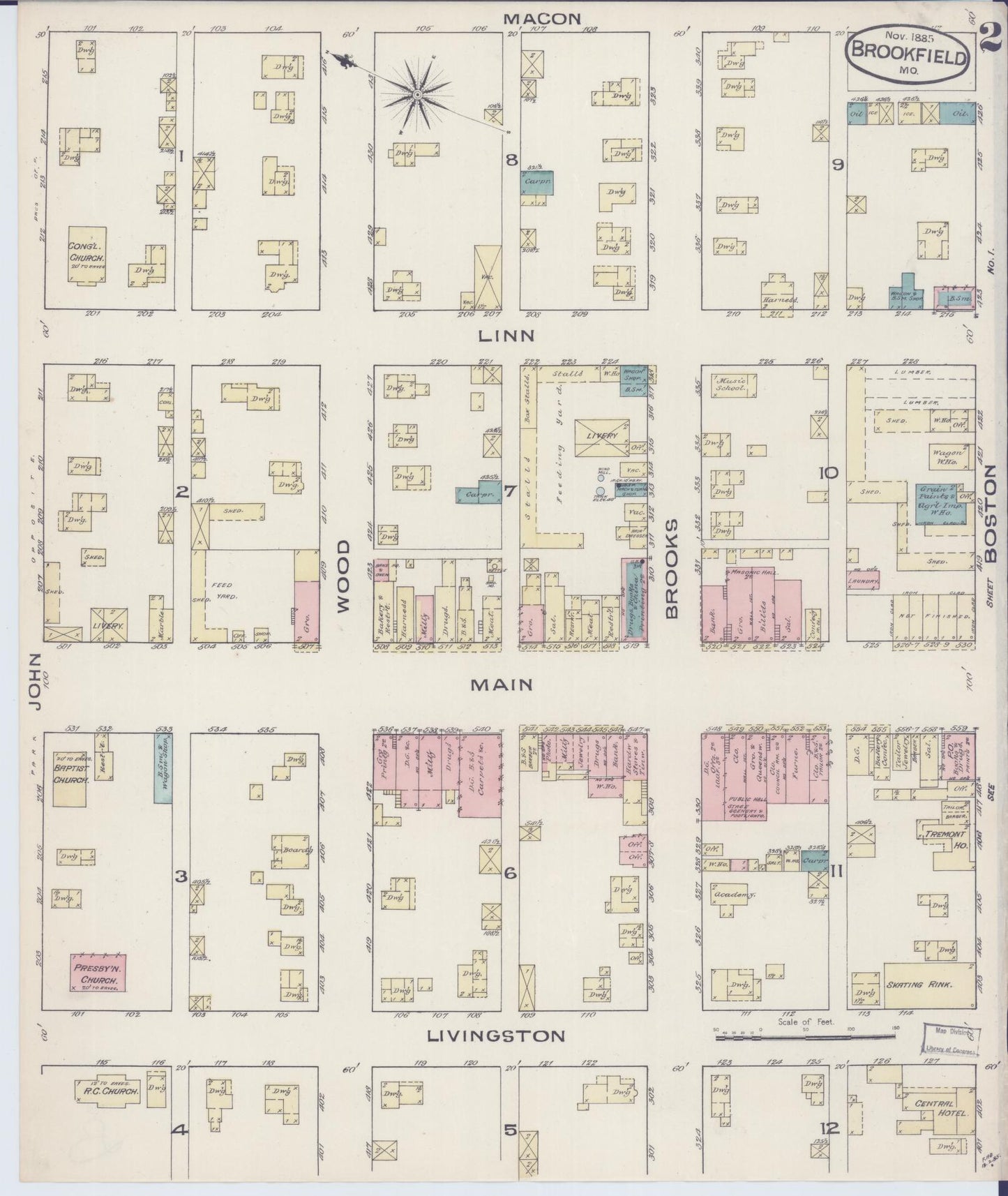 Sanborn Fire Insurance Map from Brookfield, Linn County, Missouri (1885), Sheet #0002 - Complete Map Set gallery image, historic Sanborn map, vintage wall art, Missouri Missouri