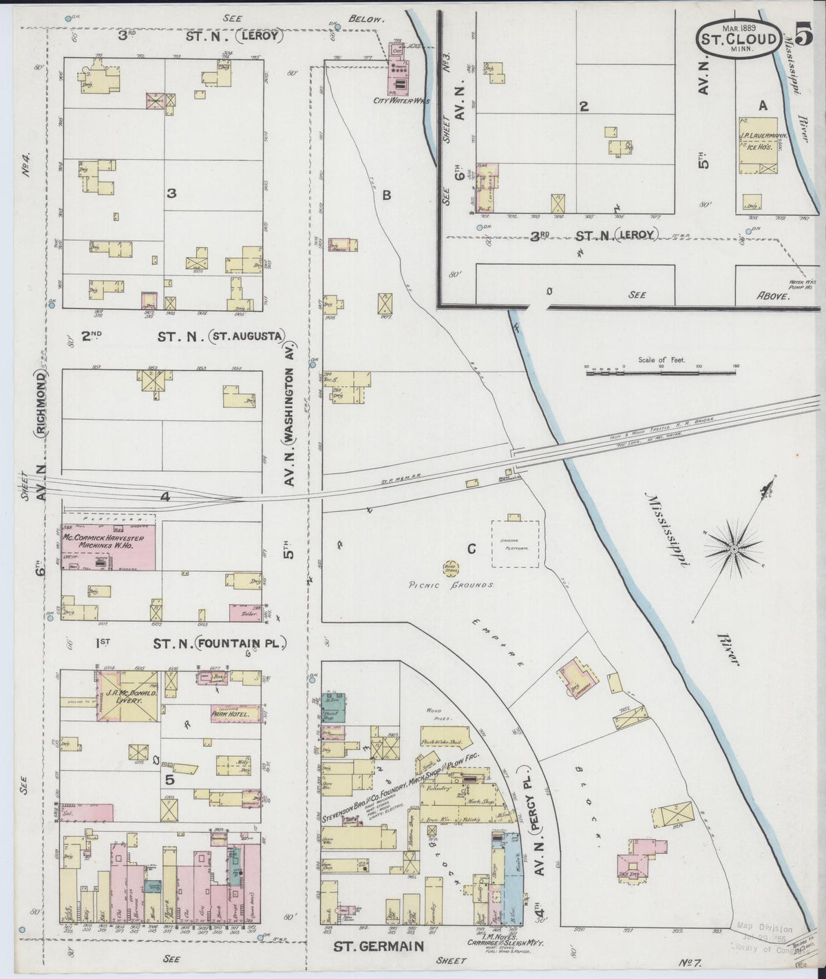 Sanborn Fire Insurance Map from Saint Cloud, Stearns, Benton, and Sherburne Counties, Minnesota (1889), Sheet #0005 - Historic Sanborn Fire Insurance Map Print, vintage old map wall art, antique decor, genealogy gift, Minnesota Minnesota map
