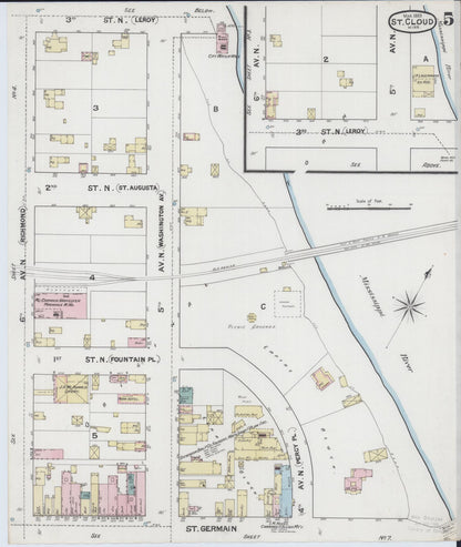 Sanborn Fire Insurance Map from Saint Cloud, Stearns, Benton, and Sherburne Counties, Minnesota (1889), Sheet #0005 - Historic Sanborn Fire Insurance Map Print, vintage old map wall art, antique decor, genealogy gift, Minnesota Minnesota map