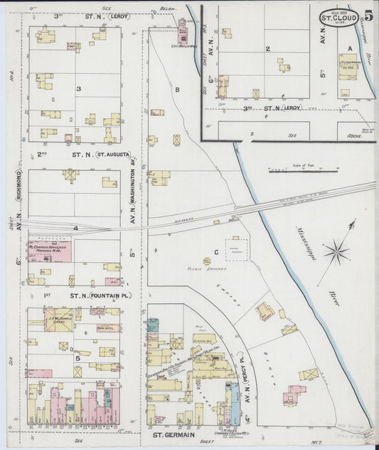 Sanborn Fire Insurance Map from Saint Cloud, Stearns, Benton, and Sherburne Counties, Minnesota (1889), Sheet #0005 - Historic Sanborn Fire Insurance Map Print, vintage old map wall art, antique decor, genealogy gift, Minnesota Minnesota map