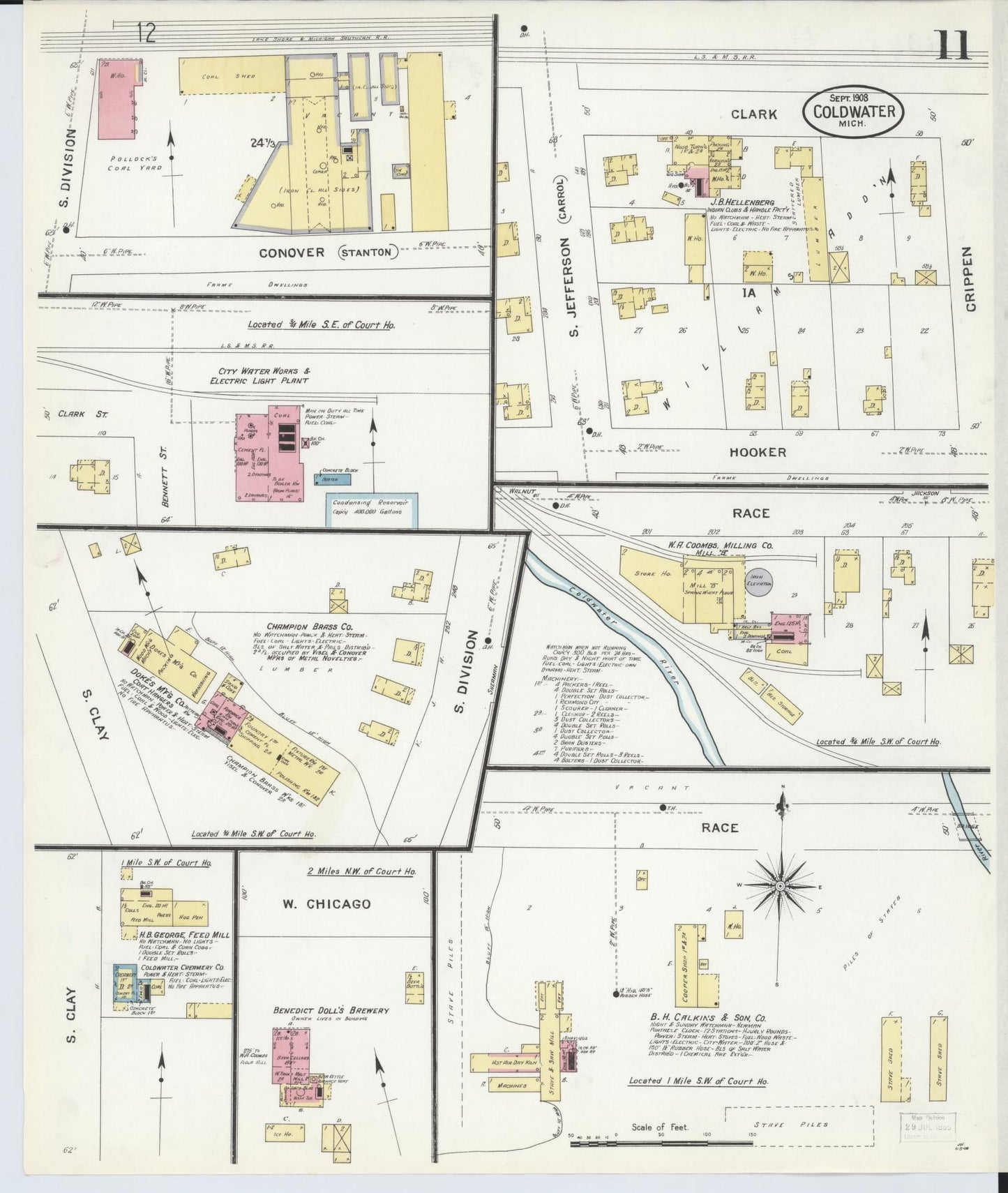 Sanborn Fire Insurance Map from Coldwater, Branch County, Michigan (1908), Sheet #0011 - Historic Sanborn Fire Insurance Map Print, vintage old map wall art, antique decor, genealogy gift, Michigan Michigan map