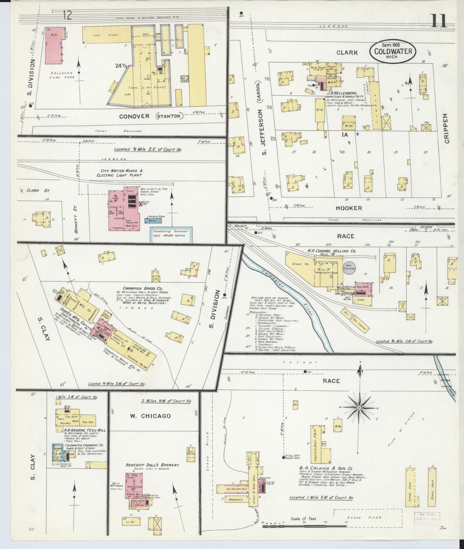Sanborn Fire Insurance Map from Coldwater, Branch County, Michigan (1908), Sheet #0011 - Historic Sanborn Fire Insurance Map Print, vintage old map wall art, antique decor, genealogy gift, Michigan Michigan map