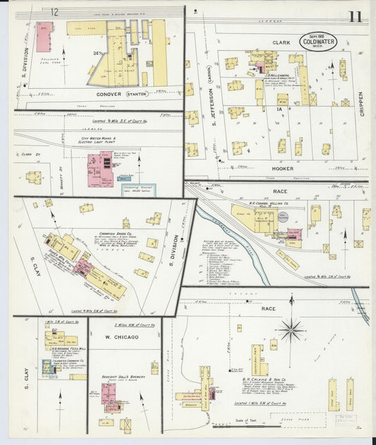 Sanborn Fire Insurance Map from Coldwater, Branch County, Michigan (1908), Sheet #0011 - Historic Sanborn Fire Insurance Map Print, vintage old map wall art, antique decor, genealogy gift, Michigan Michigan map