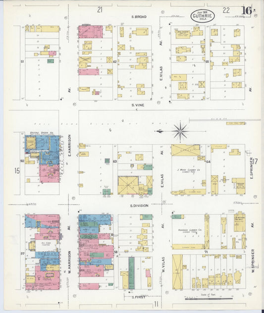 Sanborn Fire Insurance Map from Guthrie, Logan County, Oklahoma (1908), Sheet #0016 - Historic Sanborn Fire Insurance Map Print, vintage old map wall art, antique decor, genealogy gift, Oklahoma Oklahoma map