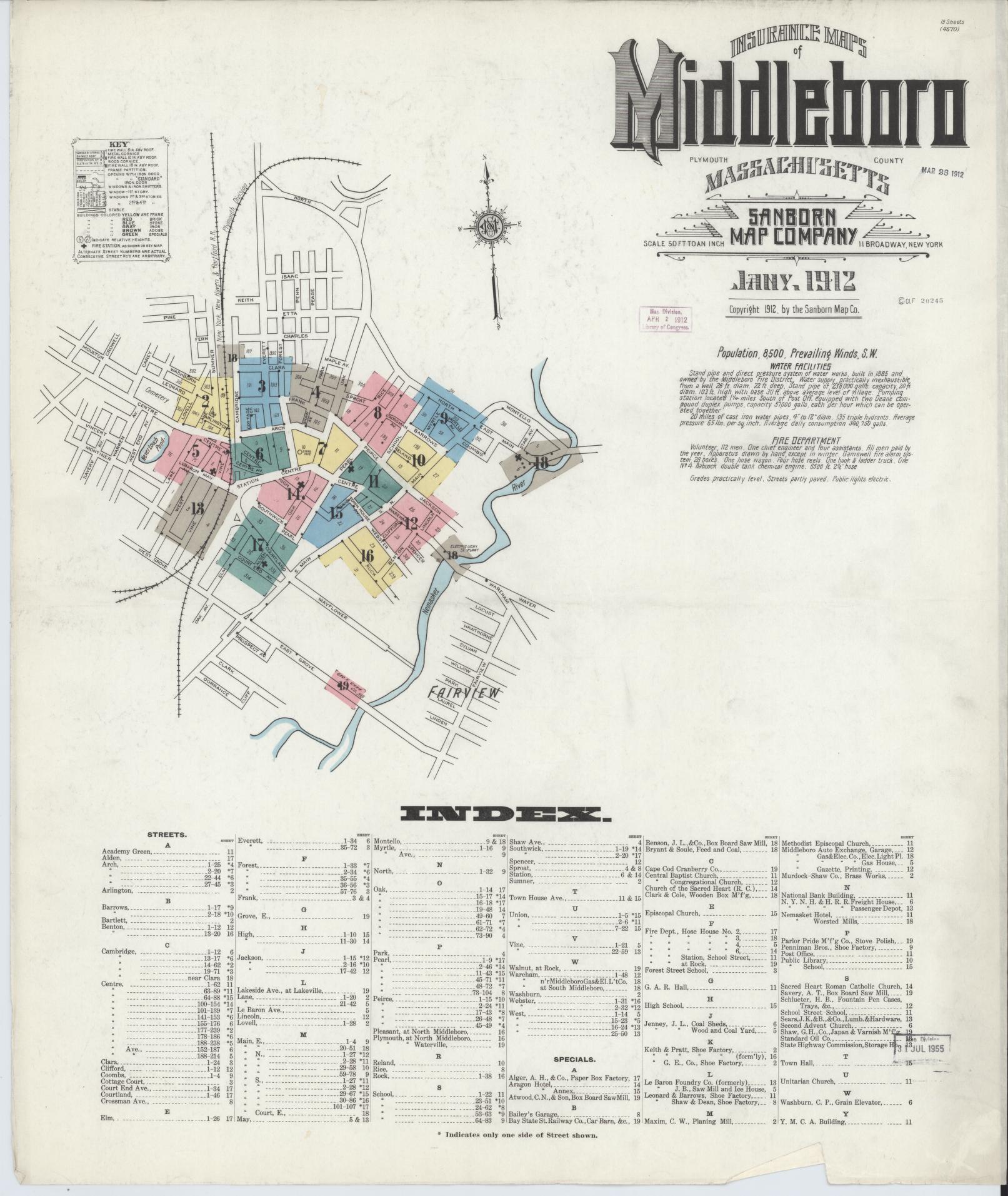 Sanborn Fire Insurance Map from Middleboro, Plymouth County, Massachusetts. (1912) – Historic Sanborn Fire Insurance Map Print