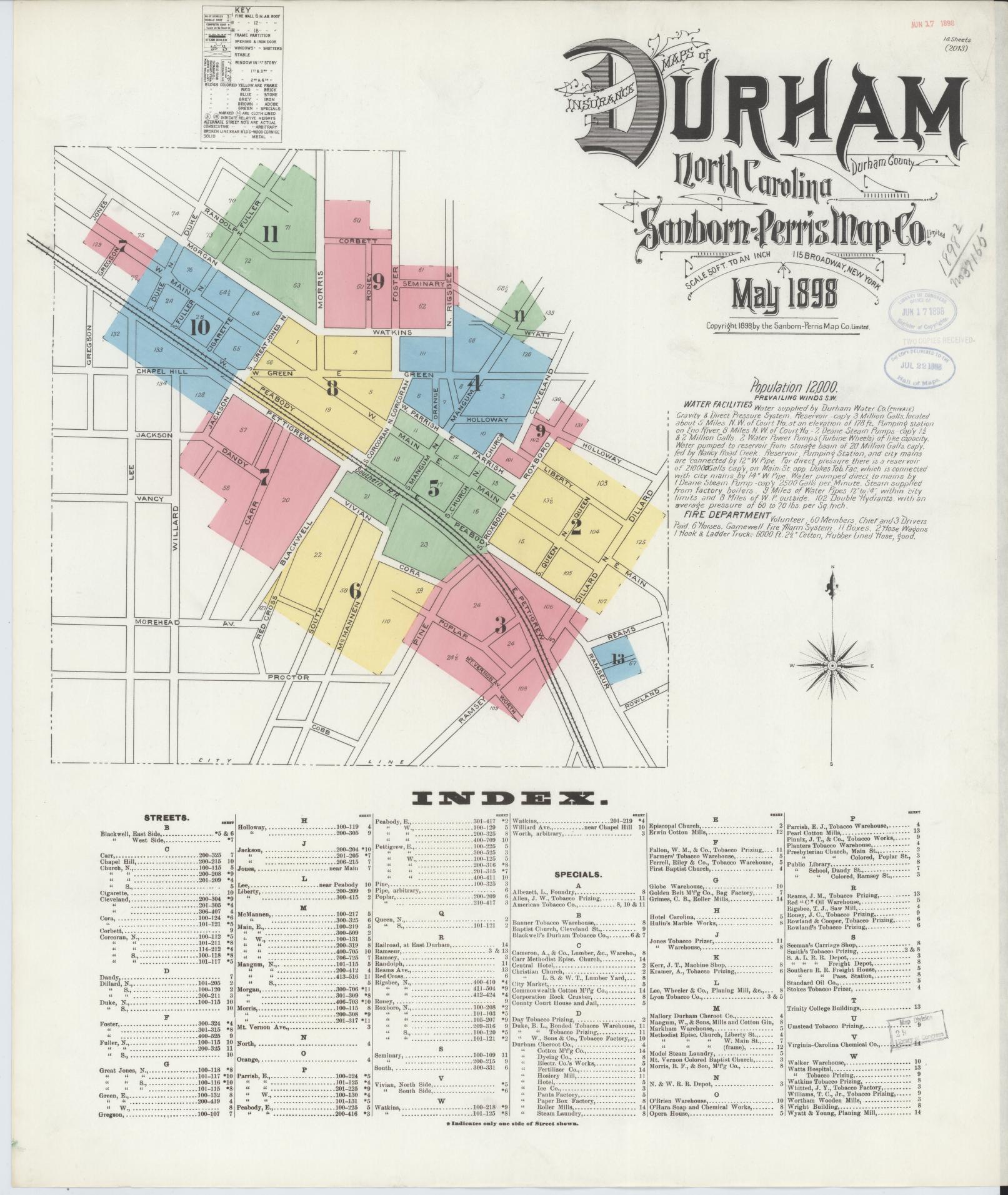 Sanborn Fire Insurance Map from Durham, Durham County, North Carolina (1898), Sheet #0001 - Complete Map Set gallery image, historic Sanborn map, vintage wall art, North Carolina North Carolina