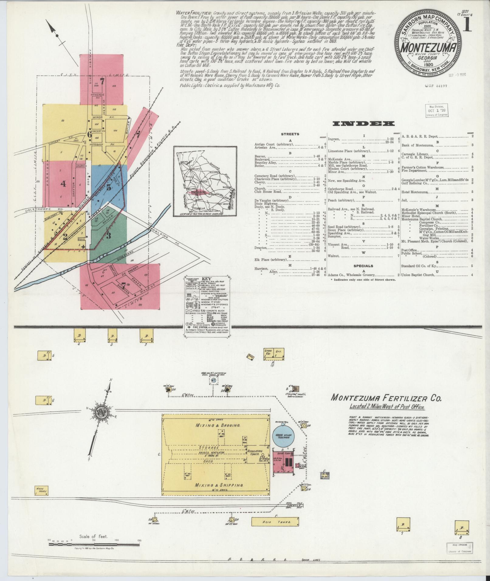 Sanborn Fire Insurance Map from Montezuma, Macon County, Georgia (1920), Sheet #0001 - Complete Map Set gallery image, historic Sanborn map, vintage wall art, Georgia Georgia