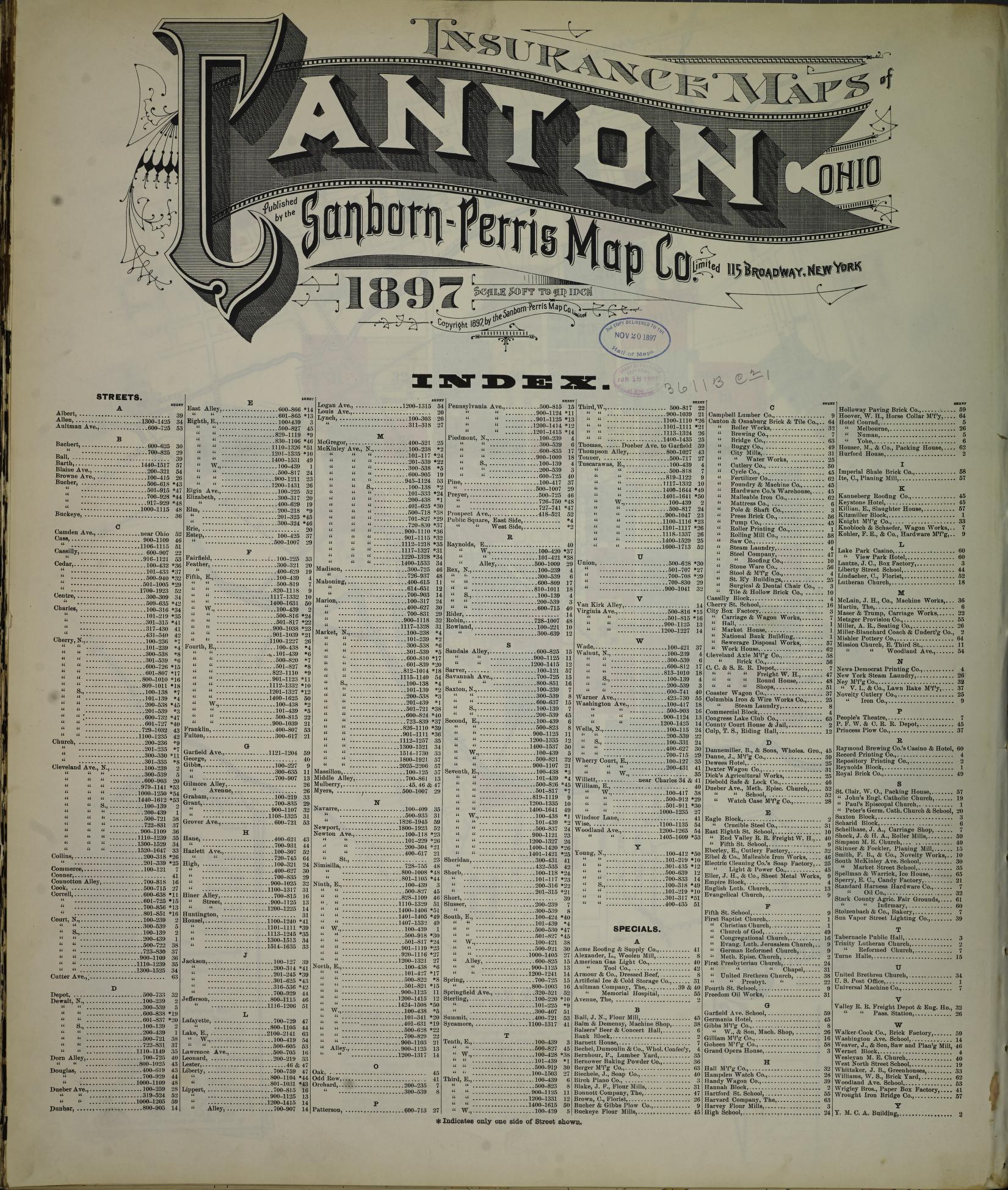 Sanborn Fire Insurance Map from Canton, Stark County, Ohio (1897), Sheet #0001 - Historic Sanborn Fire Insurance Map Print, vintage old map wall art, antique decor, genealogy gift, Ohio Ohio map