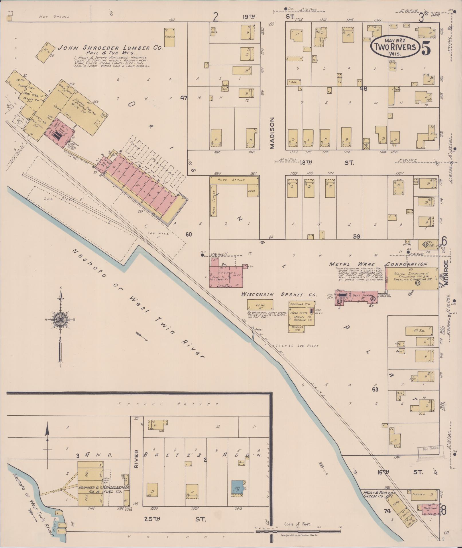 Sanborn Fire Insurance Map from Two Rivers, Manitowoc County, Wisconsin (1922), Sheet #0005 - Complete Map Set gallery image, historic Sanborn map, vintage wall art, Wisconsin Wisconsin