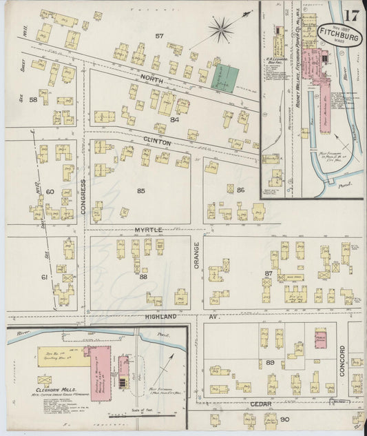 Sanborn Fire Insurance Map from Fitchburg, Worcester County, Massachusetts (1887), Sheet #0017 - Historic Sanborn Fire Insurance Map Print, vintage old map wall art, antique decor, genealogy gift, Massachusetts Massachusetts map