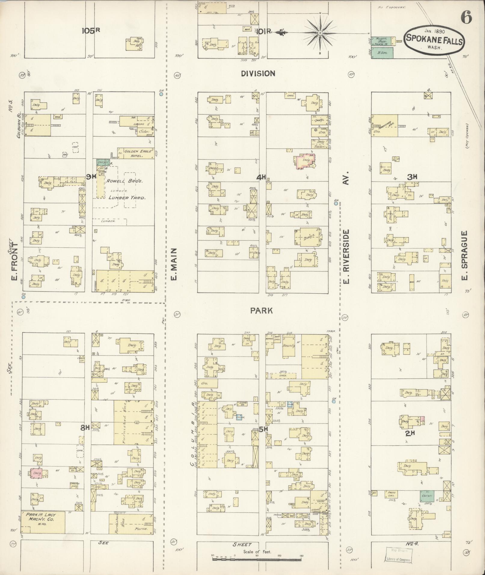 Sanborn Fire Insurance Map from Spokane, Spokane County, Washington (1890), Sheet #0006 - Historic Sanborn Fire Insurance Map Print, vintage old map wall art, antique decor, genealogy gift, Washington Washington map