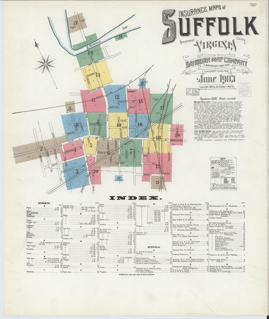 Sanborn Fire Insurance Map from Suffolk, Independent Cities, Virginia (1903), Sheet #0001 - Historic Sanborn Fire Insurance Map Print, vintage old map wall art, antique decor, genealogy gift, Virginia Virginia map