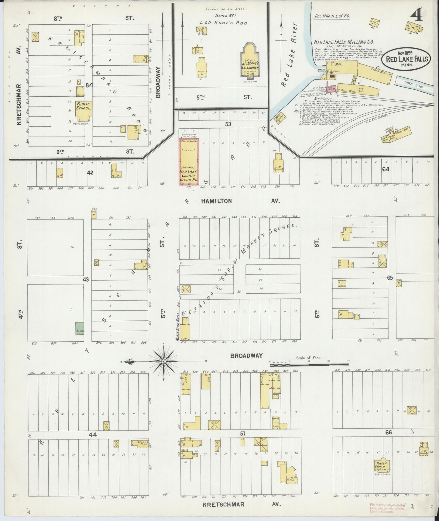 Sanborn Fire Insurance Map from Red Lake Falls, Red Lake County, Minnesota (1899), Sheet #0004 - Complete Map Set gallery image, historic Sanborn map, vintage wall art, Minnesota Minnesota