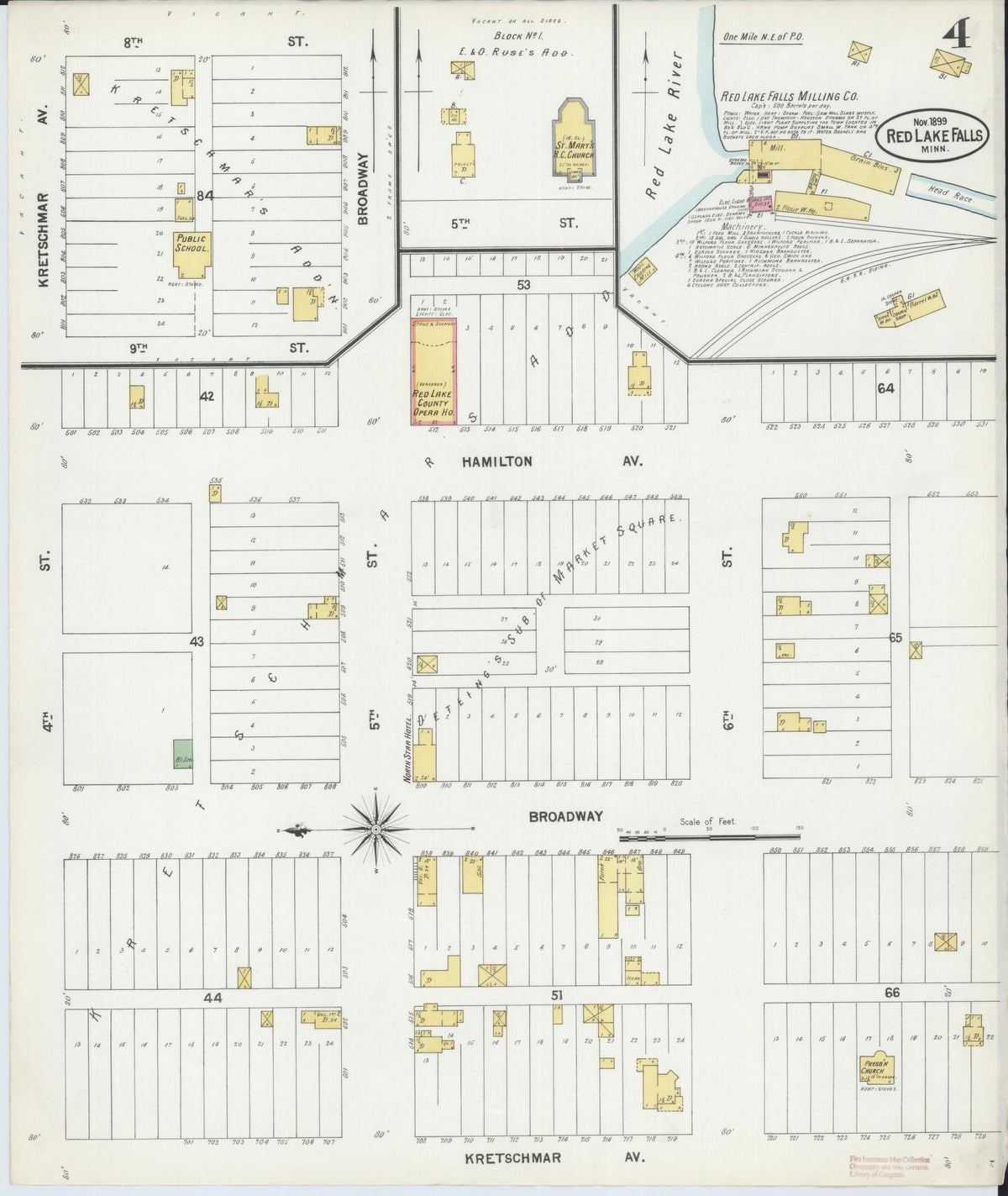 Sanborn Fire Insurance Map from Red Lake Falls, Red Lake County, Minnesota (1899), Sheet #0004 - Complete Map Set gallery image, historic Sanborn map, vintage wall art, Minnesota Minnesota