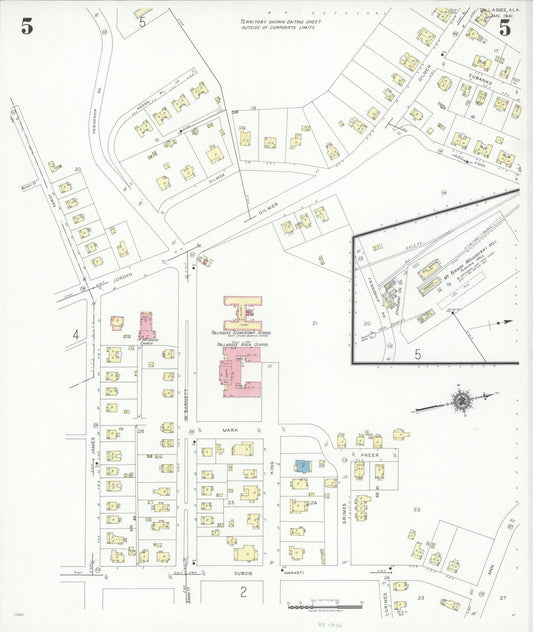 Sanborn Fire Insurance Map from Tallassee, Elmore And Tallapoosa Counties, Alabama (1941), Sheet #0005 - Historic Sanborn Fire Insurance Map Print, vintage old map wall art, antique decor, genealogy gift, Alabama Alabama map