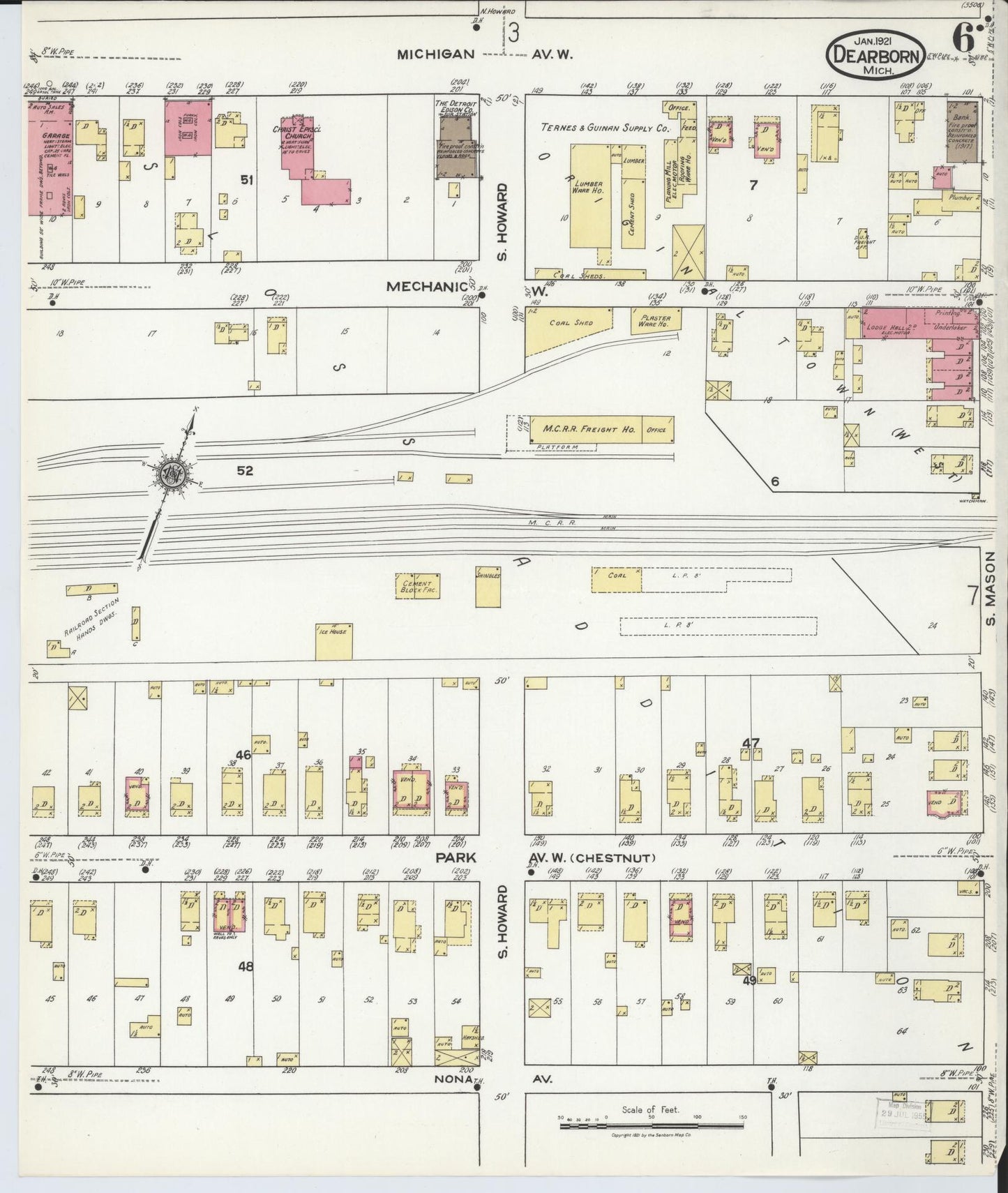 Sanborn Fire Insurance Map from Dearborn, Wayne County, Michigan (1921), Sheet #0006 - Complete Map Set gallery image, historic Sanborn map, vintage wall art, Michigan Michigan