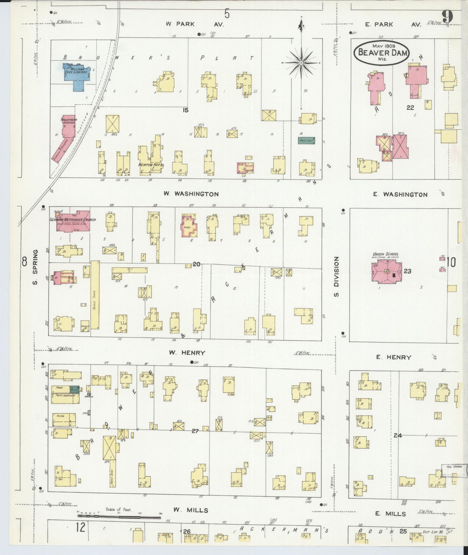 Sanborn Fire Insurance Map from Beaver Dam, Dodge County, Wisconsin (1909), Sheet #0009 - Historic Sanborn Fire Insurance Map Print, vintage old map wall art, antique decor, genealogy gift, Wisconsin Wisconsin map