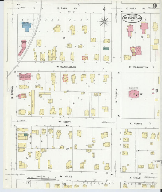 Sanborn Fire Insurance Map from Beaver Dam, Dodge County, Wisconsin (1909), Sheet #0009 - Historic Sanborn Fire Insurance Map Print, vintage old map wall art, antique decor, genealogy gift, Wisconsin Wisconsin map