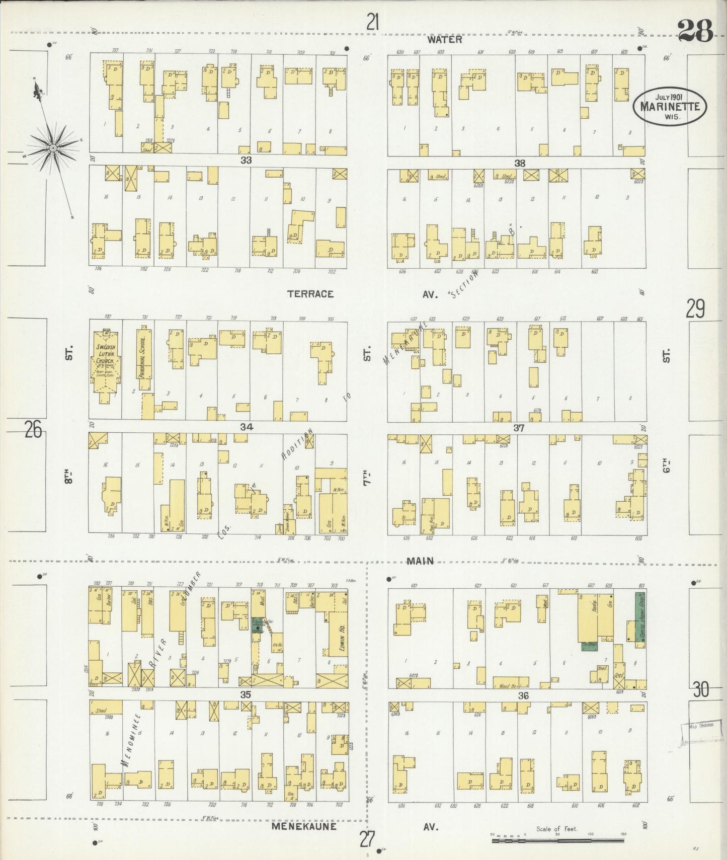 Sanborn Fire Insurance Map from Marinette, Marinette County, Wisconsin (1901), Sheet #0028 - Complete Map Set gallery image, historic Sanborn map, vintage wall art, Wisconsin Wisconsin