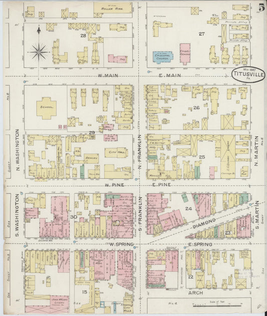 Sanborn Fire Insurance Map from Titusville, Crawford County, Pennsylvania (1887), Sheet #0005 - Historic Sanborn Fire Insurance Map Print, vintage old map wall art, antique decor, genealogy gift, Pennsylvania Pennsylvania map