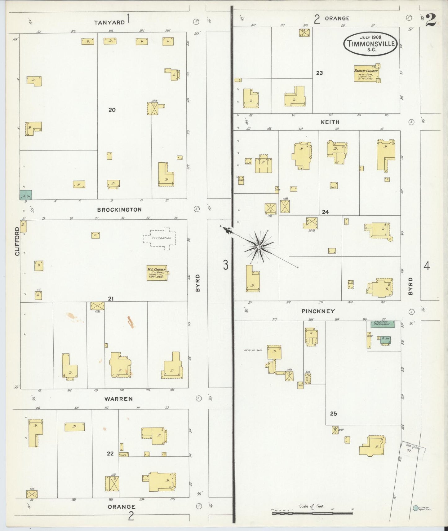 Sanborn Fire Insurance Map from Timmonsville, Florence County, South Carolina (1908), Sheet #0002 - Complete Map Set gallery image, historic Sanborn map, vintage wall art, South Carolina South Carolina