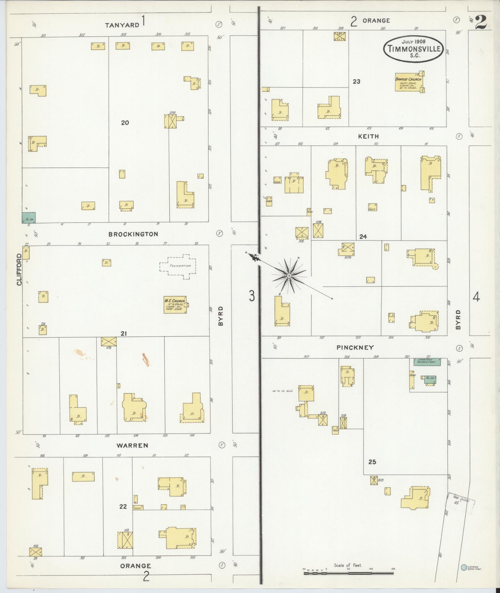 Sanborn Fire Insurance Map from Timmonsville, Florence County, South Carolina (1908), Sheet #0002 - Complete Map Set gallery image, historic Sanborn map, vintage wall art, South Carolina South Carolina