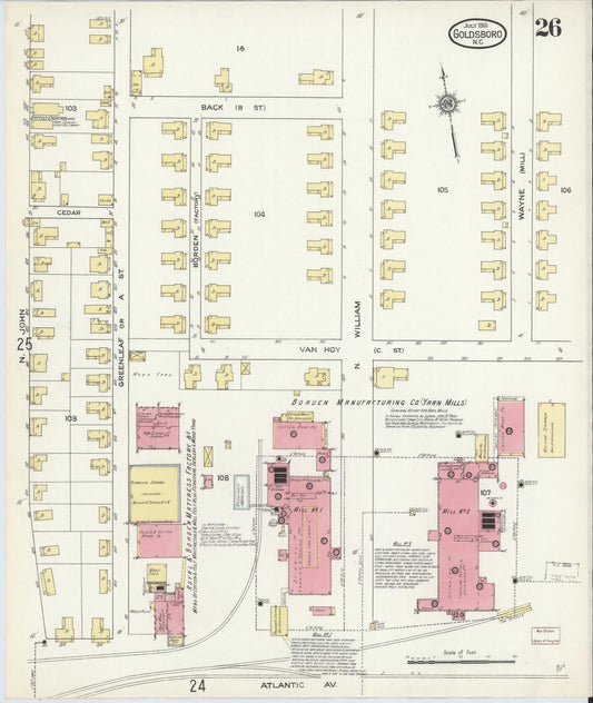 Sanborn Fire Insurance Map from Goldsboro, Wayne County, North Carolina (1913), Sheet #0026 - Historic Sanborn Fire Insurance Map Print, vintage old map wall art, antique decor, genealogy gift, North Carolina North Carolina map