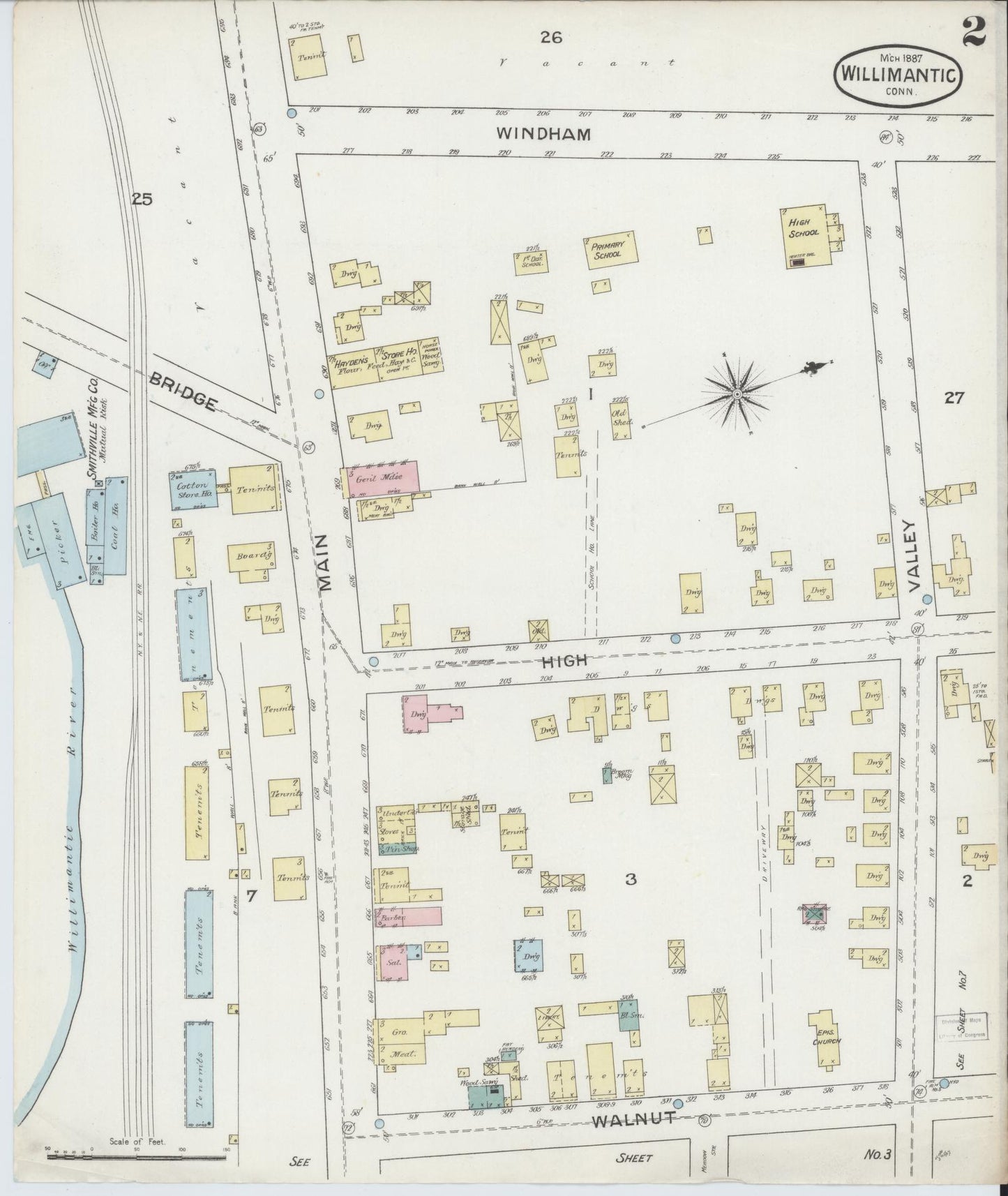 Sanborn Fire Insurance Map from Willimantic, Windham County, Connecticut (1887), Sheet #0002 - Historic Sanborn Fire Insurance Map Print, vintage old map wall art, antique decor, genealogy gift, Connecticut Connecticut map