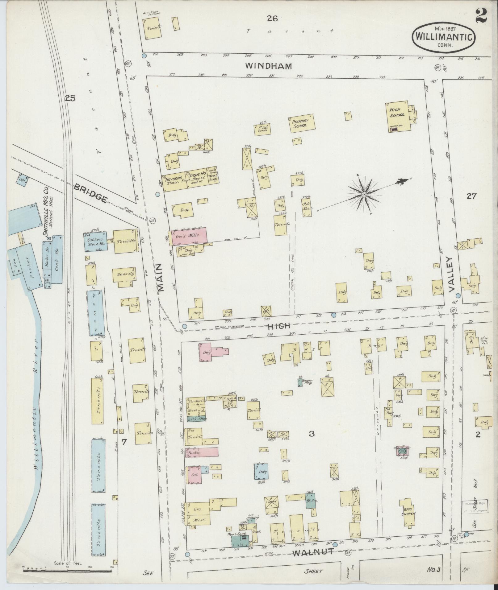 Sanborn Fire Insurance Map from Willimantic, Windham County, Connecticut (1887), Sheet #0002 - Historic Sanborn Fire Insurance Map Print, vintage old map wall art, antique decor, genealogy gift, Connecticut Connecticut map