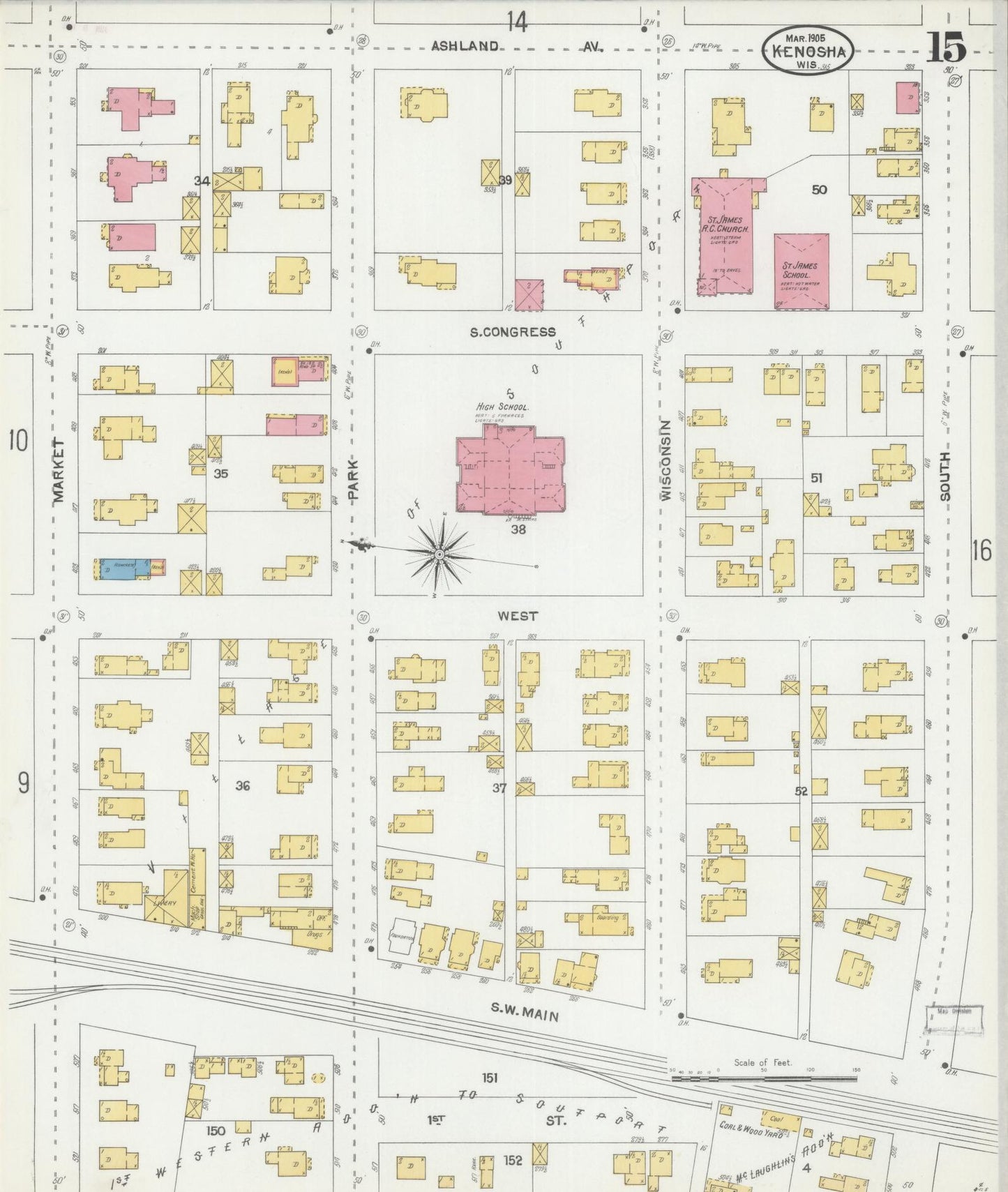 Sanborn Fire Insurance Map from Kenosha, Kenosha County, Wisconsin (1905), Sheet #0015 - Complete Map Set gallery image, historic Sanborn map, vintage wall art, Wisconsin Wisconsin